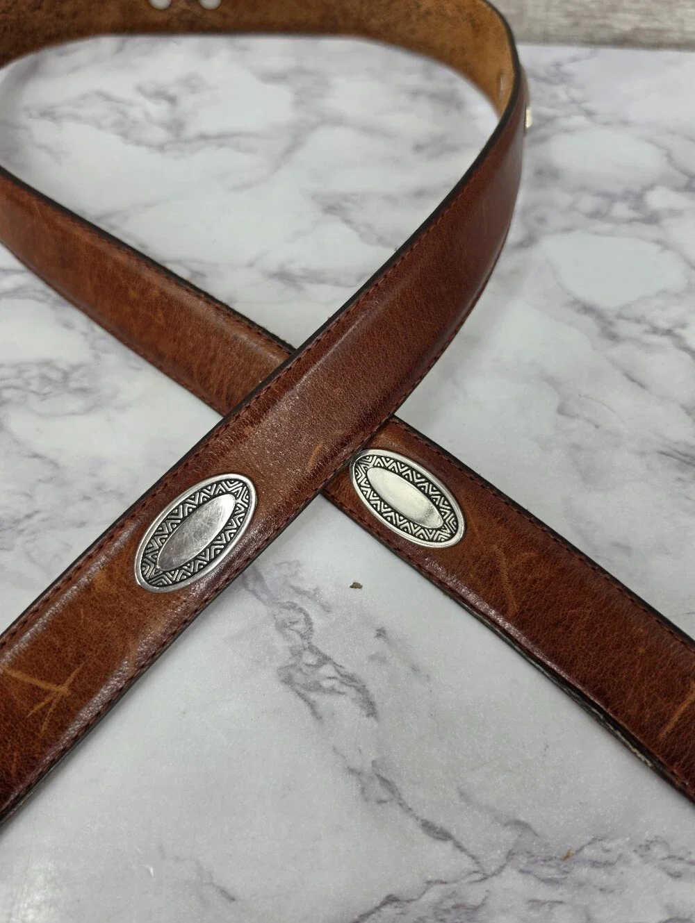 Vintage Brown Leather Western Concho Men's Belt with Silver Tone Buckle Aztec